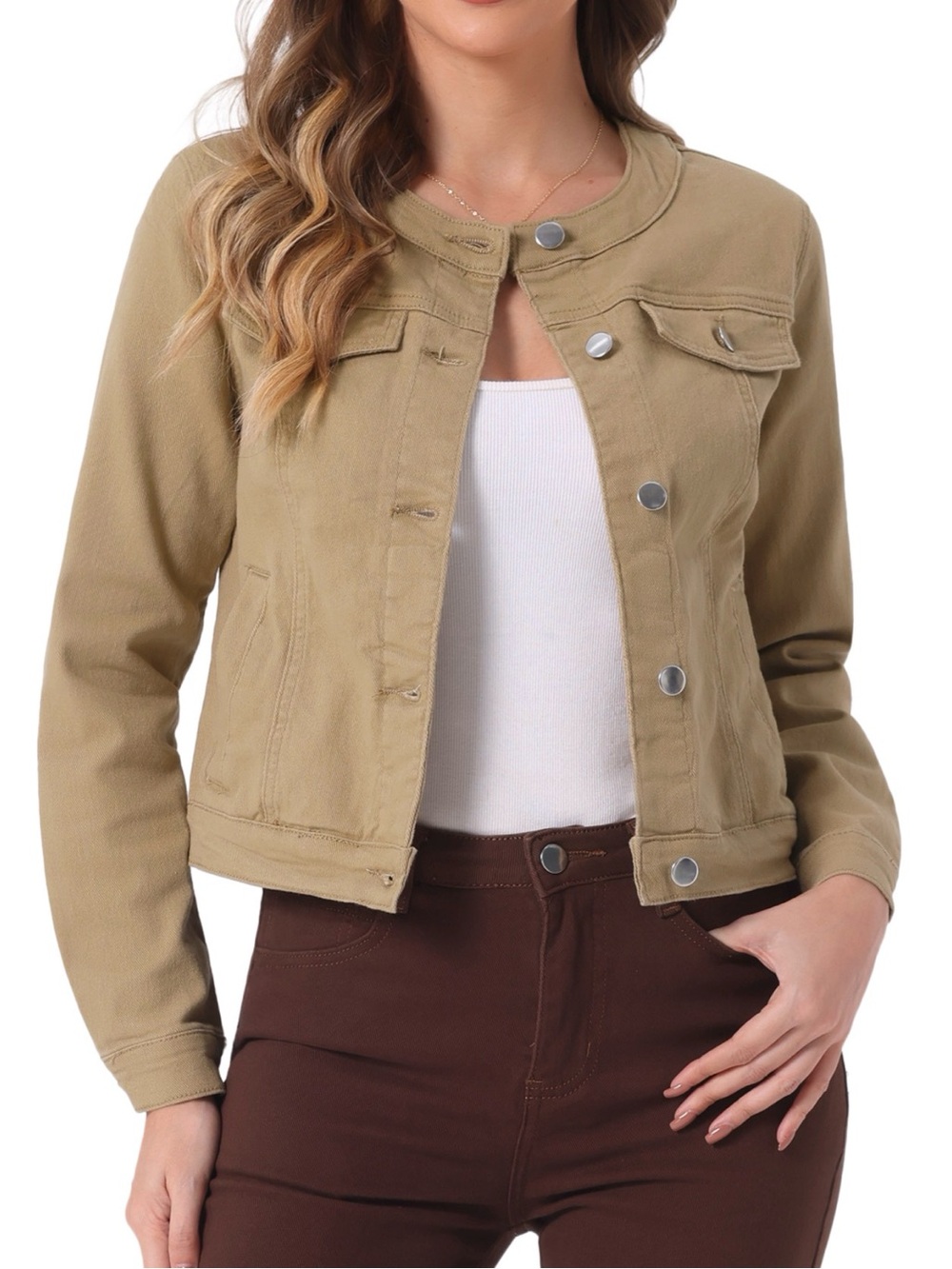 Allegra K Women’s Light Khaki Collarless Button-Front Jean Jacket
